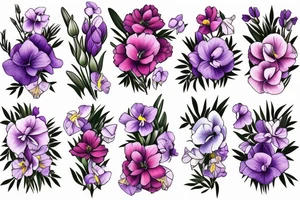 Bunch of flowers with violets, single peony, freesias flowers tattoo idea