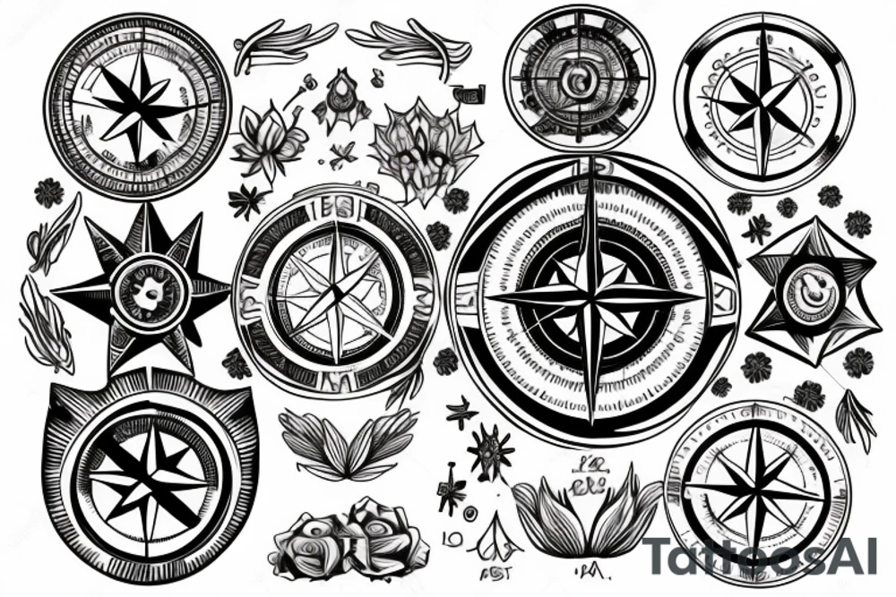 A compass design with elements of water and family birthdays tattoo idea