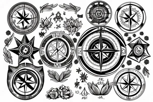 A compass design with elements of water and family birthdays tattoo idea