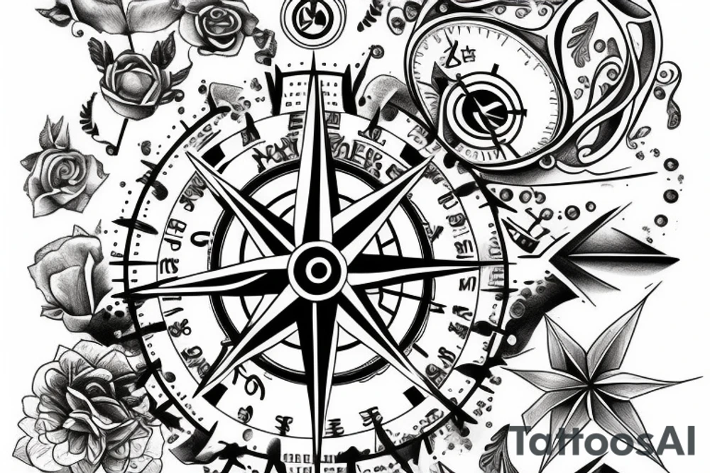 A compass design with elements of water and family birthdays tattoo idea