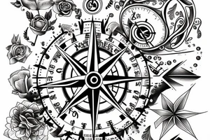 A compass design with elements of water and family birthdays tattoo idea