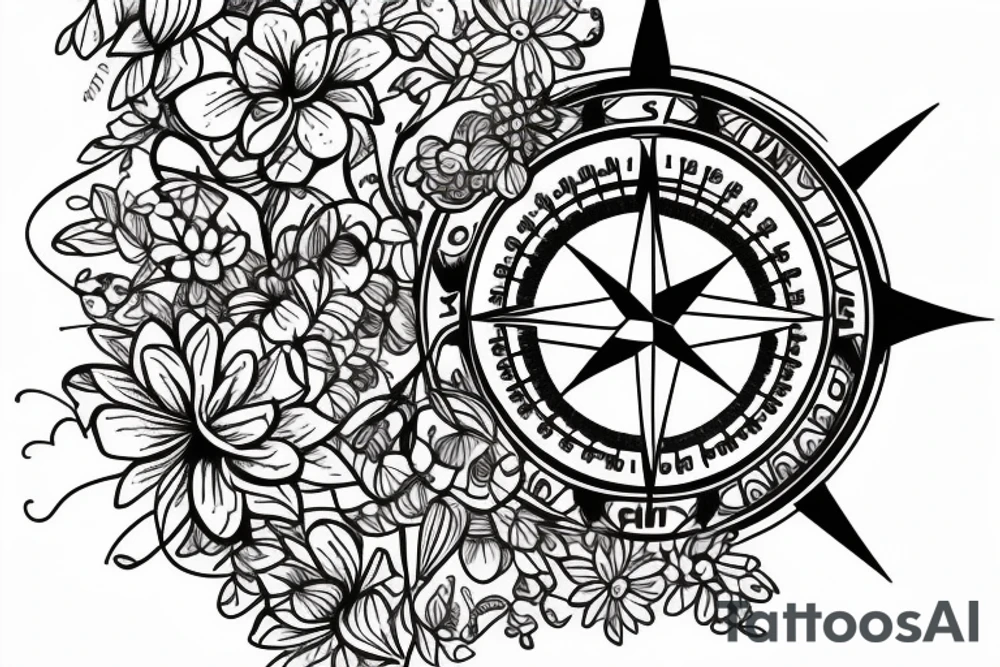 A compass design with flowers above it and family birthdays in roman numerals tattoo idea