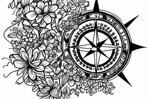 A compass design with flowers above it and family birthdays in roman numerals tattoo idea