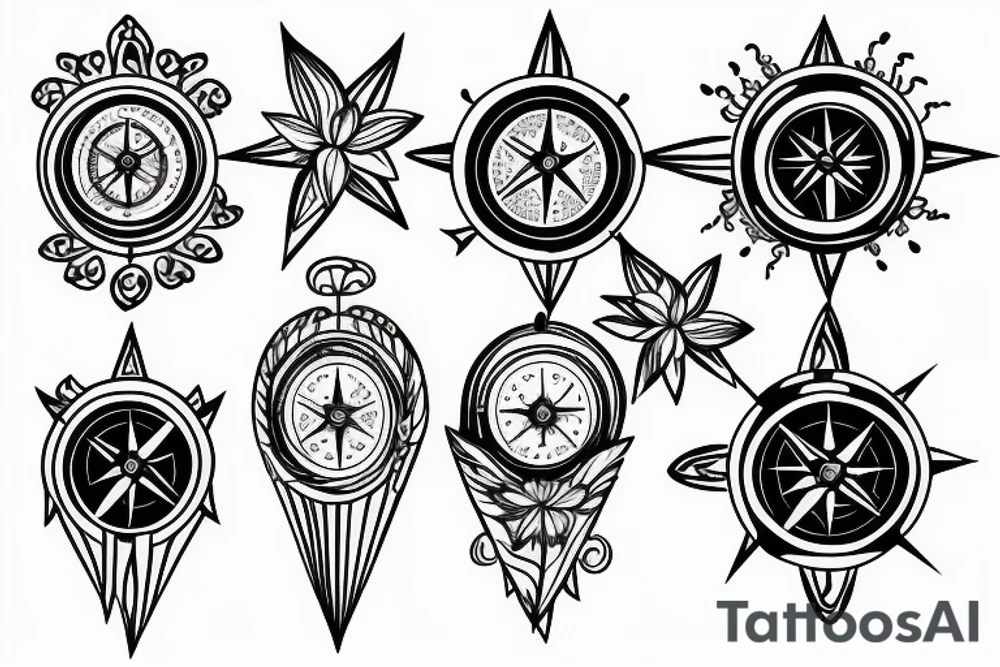A compass design with flowers above it and family birthdays in roman numerals tattoo idea