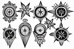 A compass design with flowers above it and family birthdays in roman numerals tattoo idea