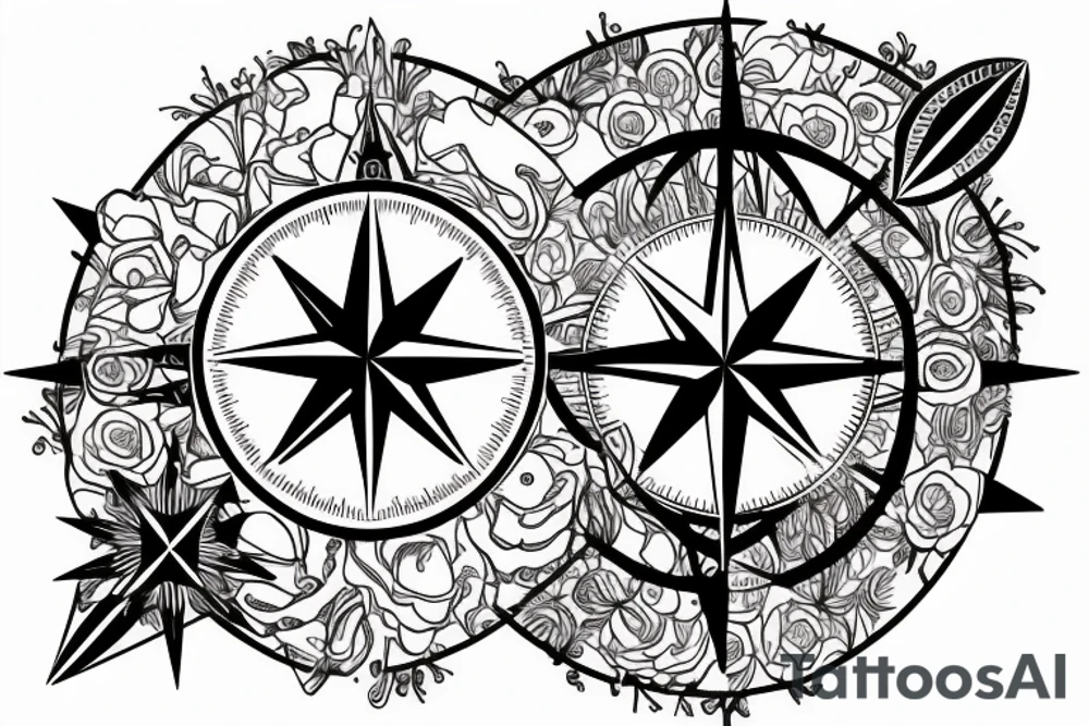 A compass design with flowers above it and family birthdays in roman numerals tattoo idea