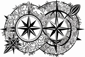 A compass design with flowers above it and family birthdays in roman numerals tattoo idea