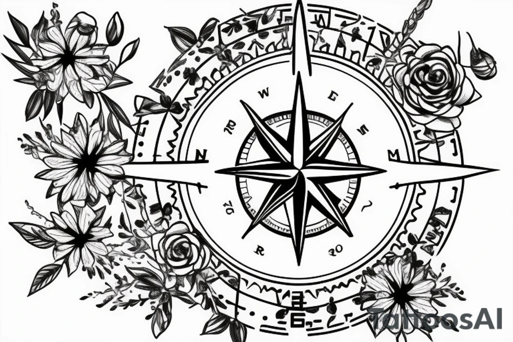 A compass design with flowers above it and family birthdays in roman numerals tattoo idea