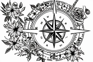 A compass design with flowers above it and family birthdays in roman numerals tattoo idea