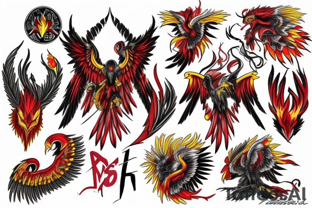 Phoenix from the ashes in full collar red and yellow tattoo idea