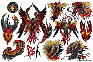 Phoenix from the ashes in full collar red and yellow tattoo idea