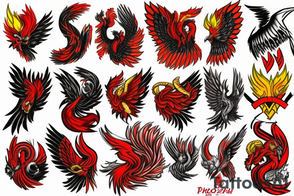 Phoenix from the ashes in full collar red and yellow tattoo idea