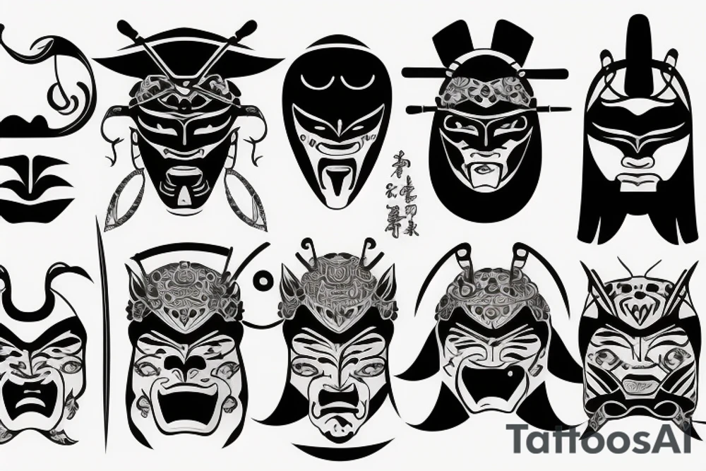 samurai mask, sun, moon tattoo idea