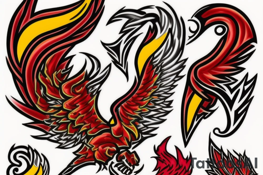 Phoenix from the ashes in full collar red and yellow tattoo idea