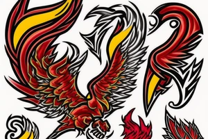 Phoenix from the ashes in full collar red and yellow tattoo idea