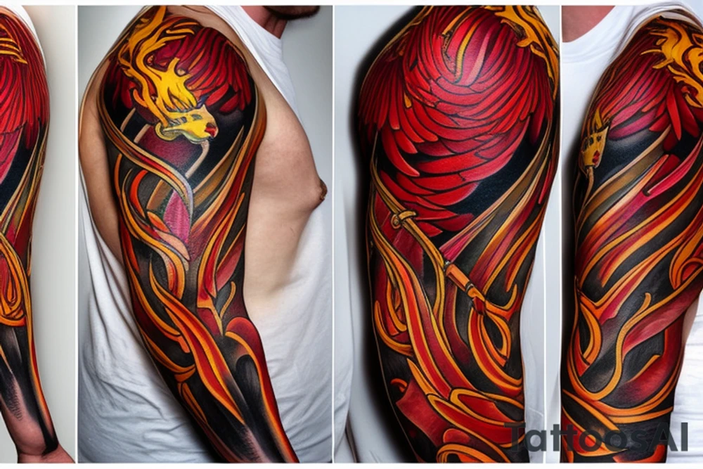 Phoenix from the ashes in full collar red and yellow tattoo idea