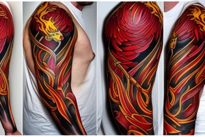 Phoenix from the ashes in full collar red and yellow tattoo idea