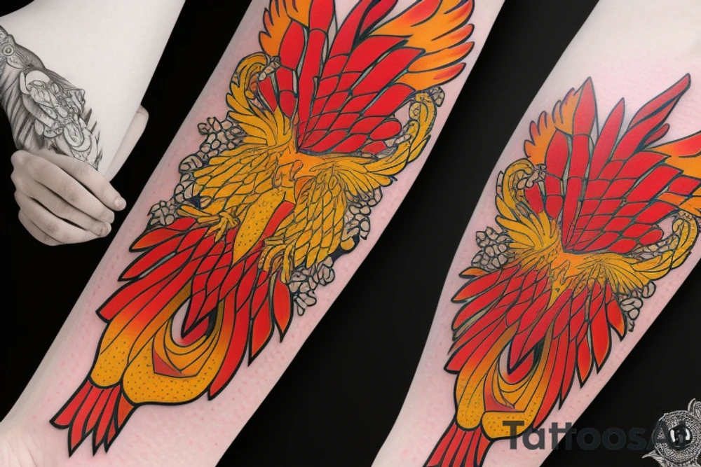 Phoenix from the ashes in full collar red and yellow tattoo idea