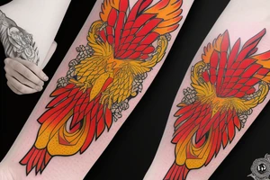 Phoenix from the ashes in full collar red and yellow tattoo idea
