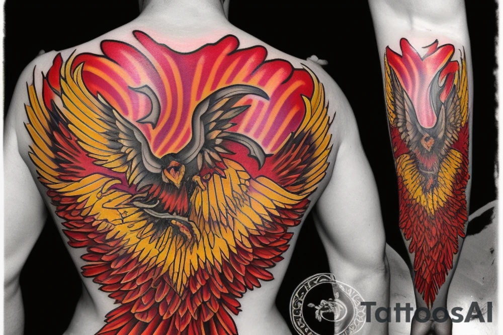 Phoenix from the ashes for my rib arch in red and yellow tattoo idea