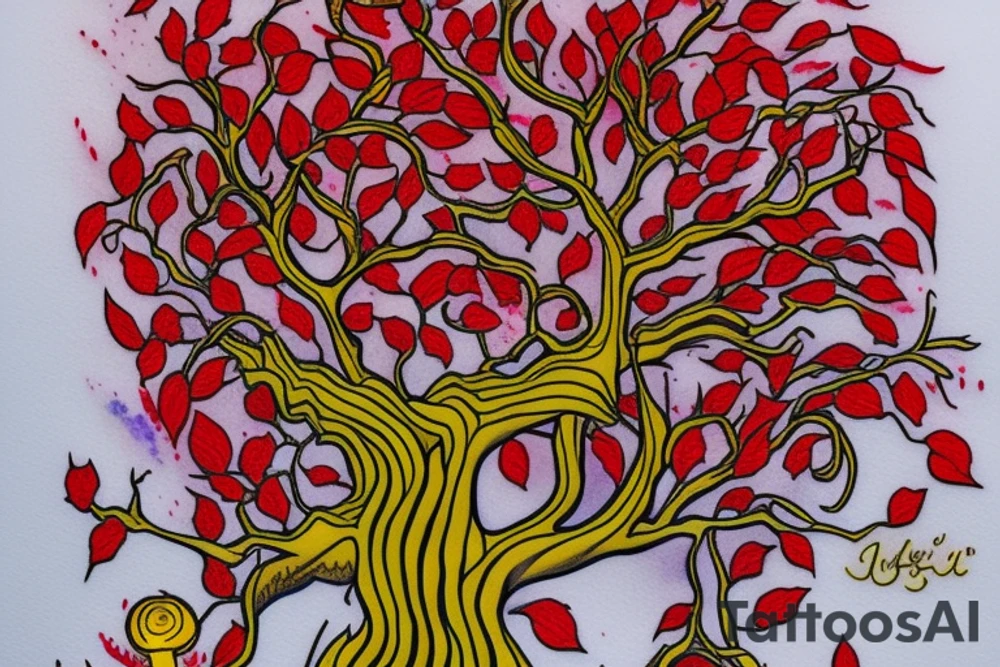 Tree of live for my rib arch in red and yellow tattoo idea