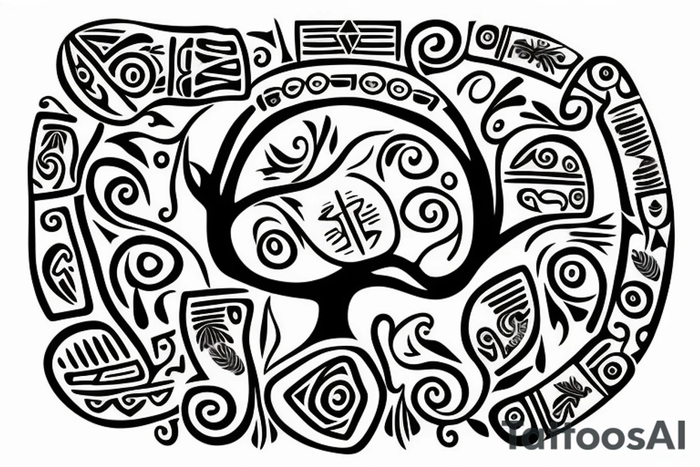 A tree of live with taino Symbols in the color of the 4 elements tattoo idea