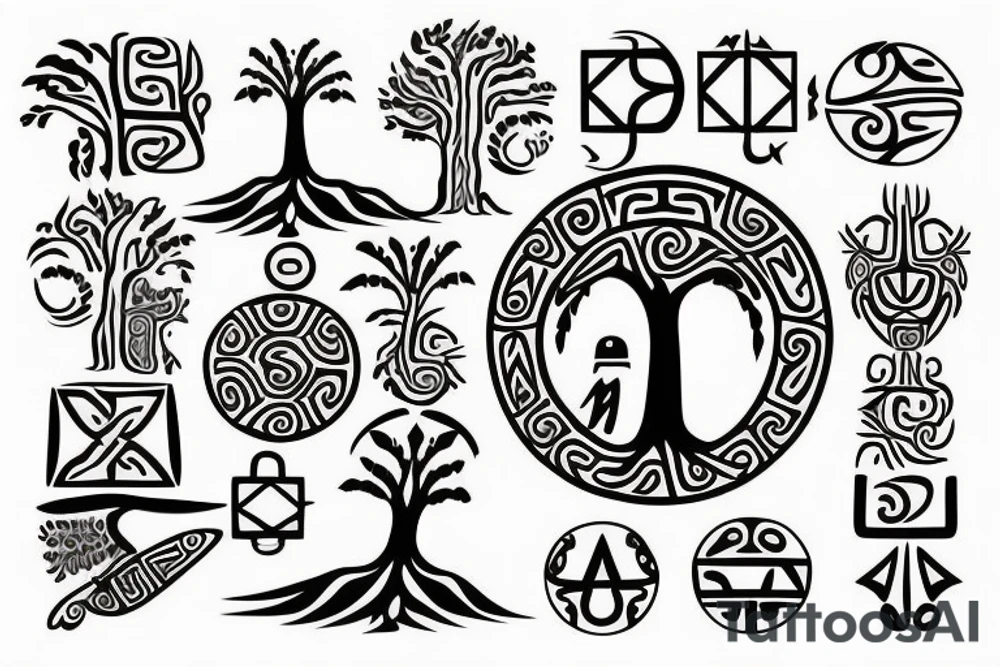 A tree of live with taino Symbols in the color of the 4 elements tattoo idea