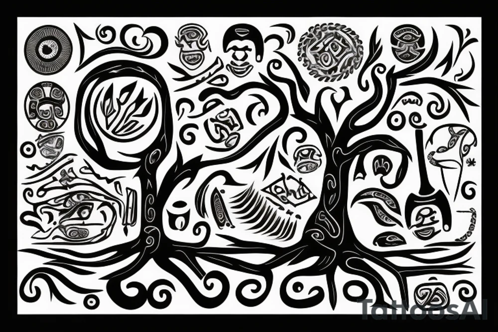 A tree of live with taino Symbols in the color of the 4 elements tattoo idea