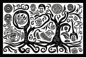 A tree of live with taino Symbols in the color of the 4 elements tattoo idea