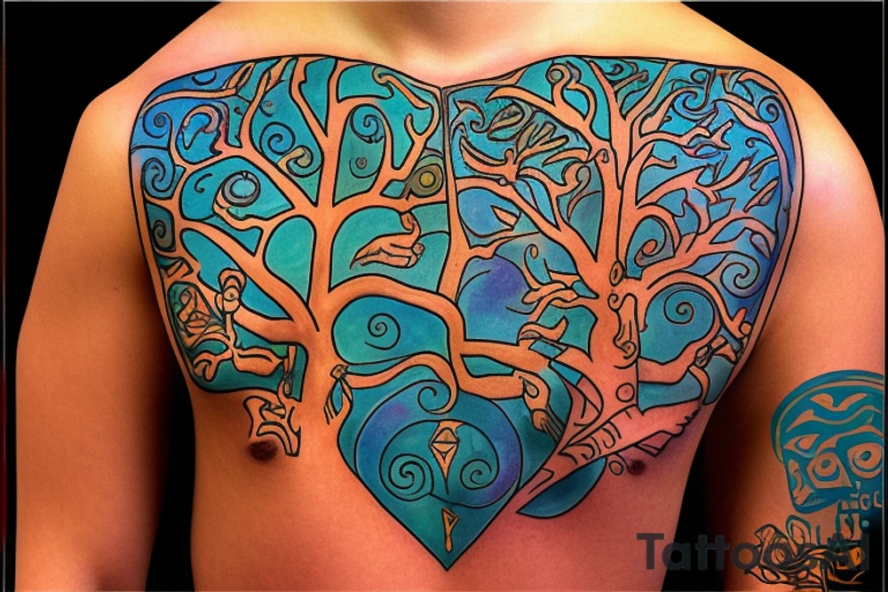 A tree of live with taino Symbols in the color of the 4 elements tattoo idea