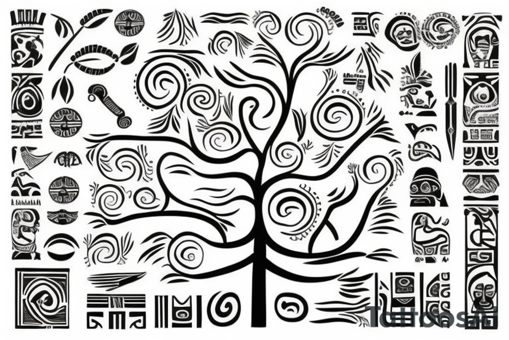 A tree of live with taino Symbols in the color of the 4 elements for my lower back tattoo idea