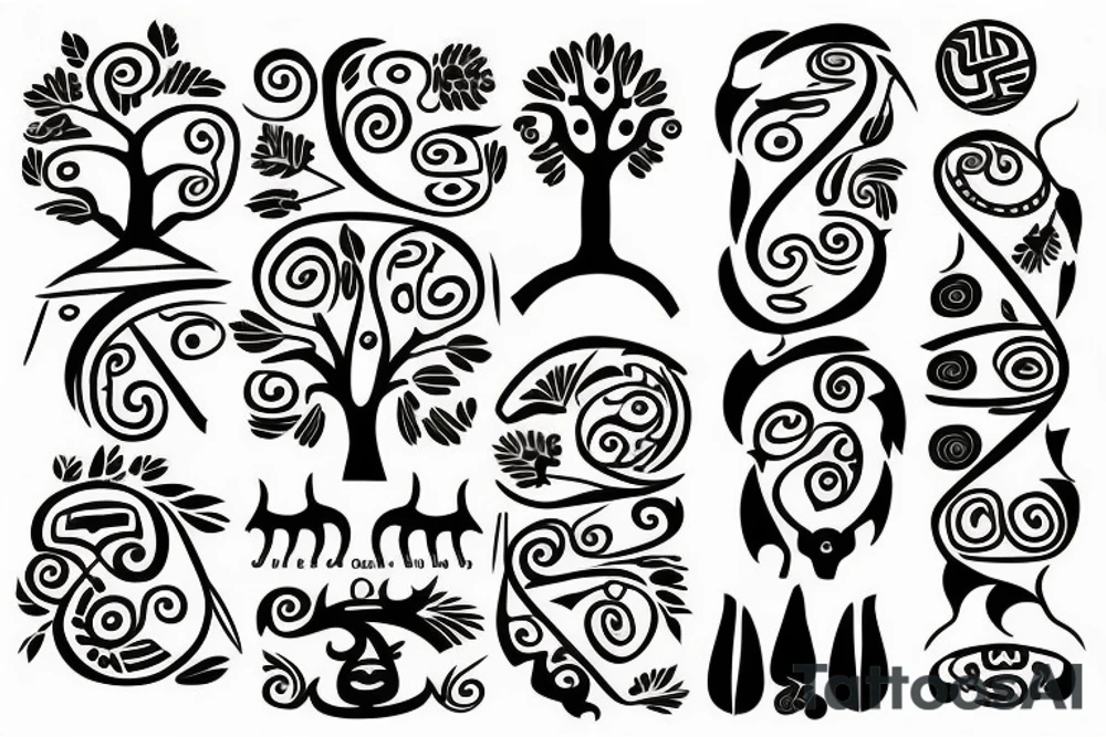 A tree of live with taino Symbols in the color of the 4 elements for my lower back tattoo idea