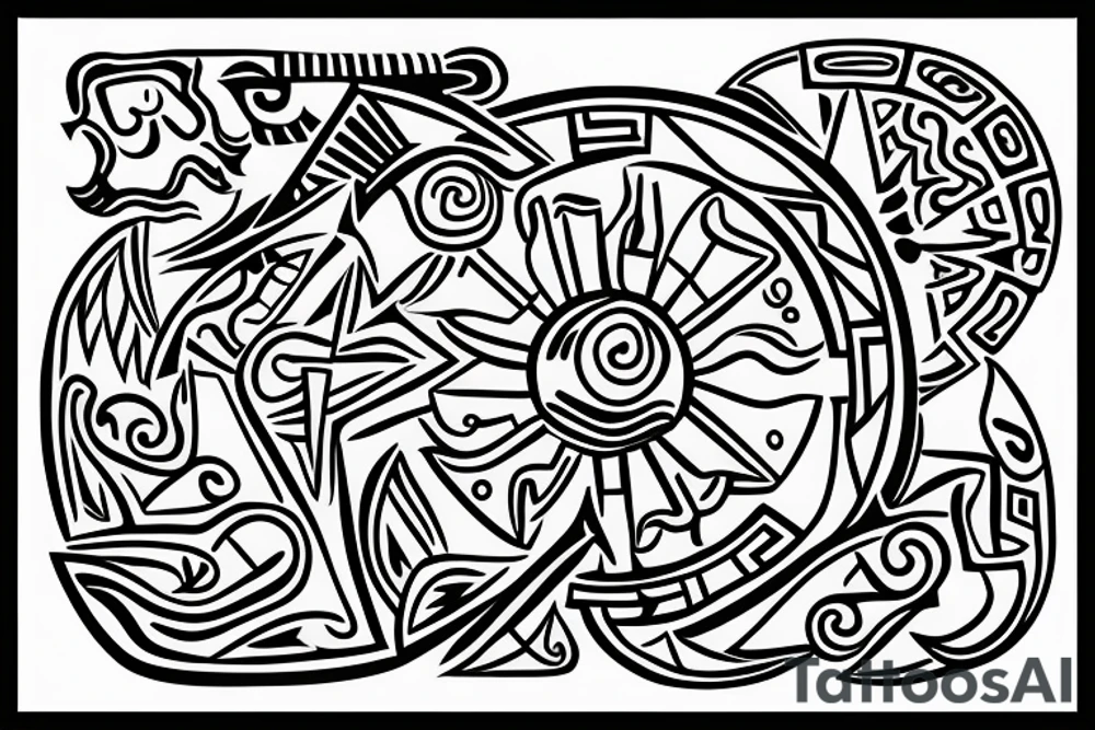A sun with taino Symbols in the color of the 4 elements for my lower back tattoo idea