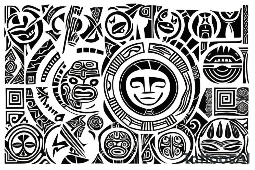 A sun with taino Symbols in the color of the 4 elements for my lower back tattoo idea