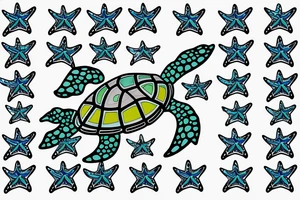 A colored turtle with starfish and corrals what swim in a sea tattoo idea