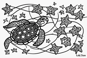 A colored turtle with starfish and corrals what swim in a sea tattoo idea