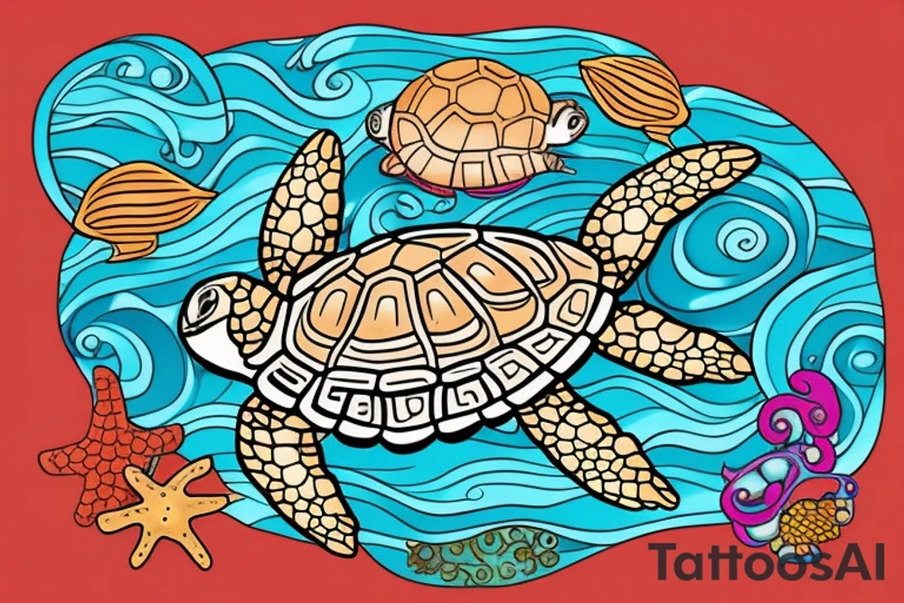 A colored turtle with starfish and corrals what swim in a sea tattoo idea