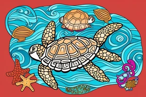 A colored turtle with starfish and corrals what swim in a sea tattoo idea