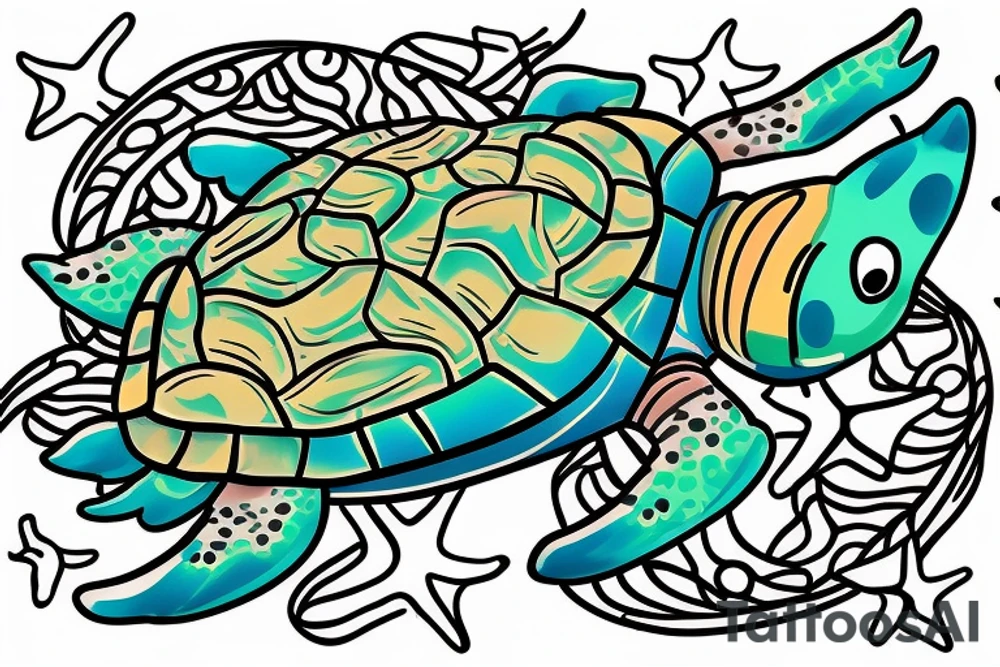A colored turtle with starfish and corrals what swim in a sea tattoo idea