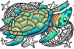 A colored turtle with starfish and corrals what swim in a sea tattoo idea