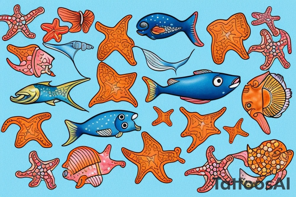 A colored seefish with starfish and corrals what swim in a sea tattoo idea