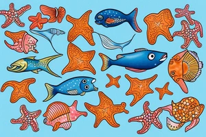 A colored seefish with starfish and corrals what swim in a sea tattoo idea