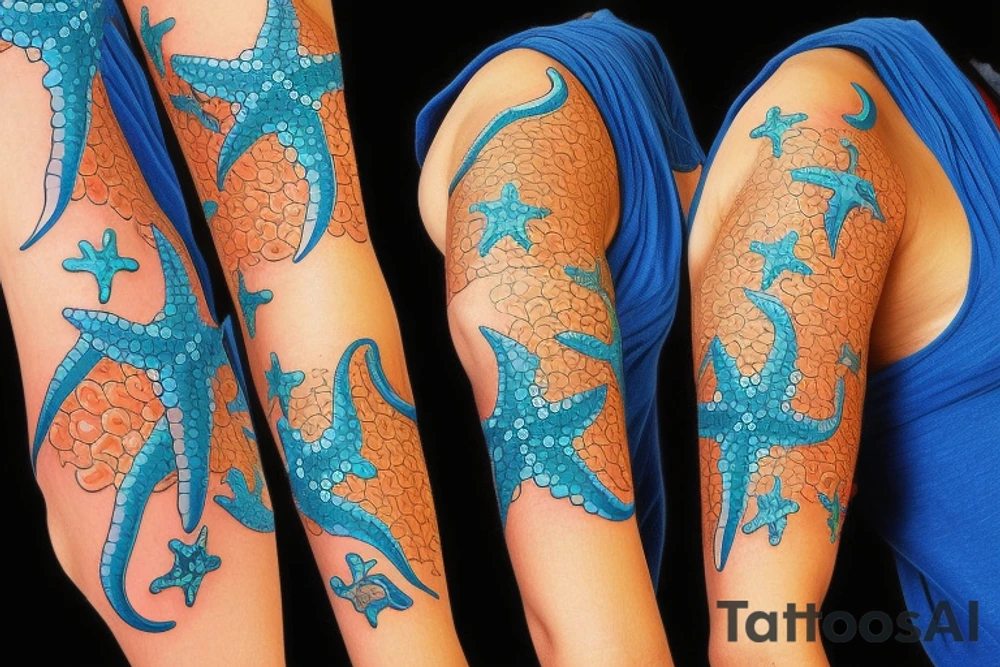A colored seefish with starfish and corrals what swim in a sea tattoo idea