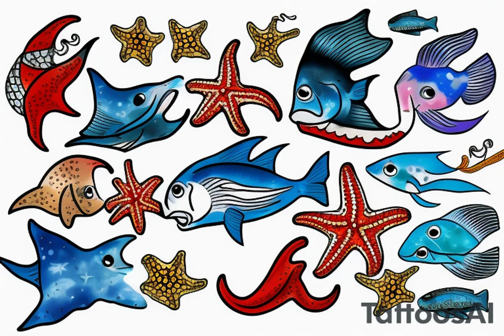 A colored seefish with starfish and corrals what swim in a sea tattoo idea