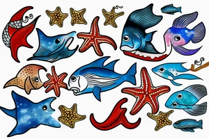A colored seefish with starfish and corrals what swim in a sea tattoo idea