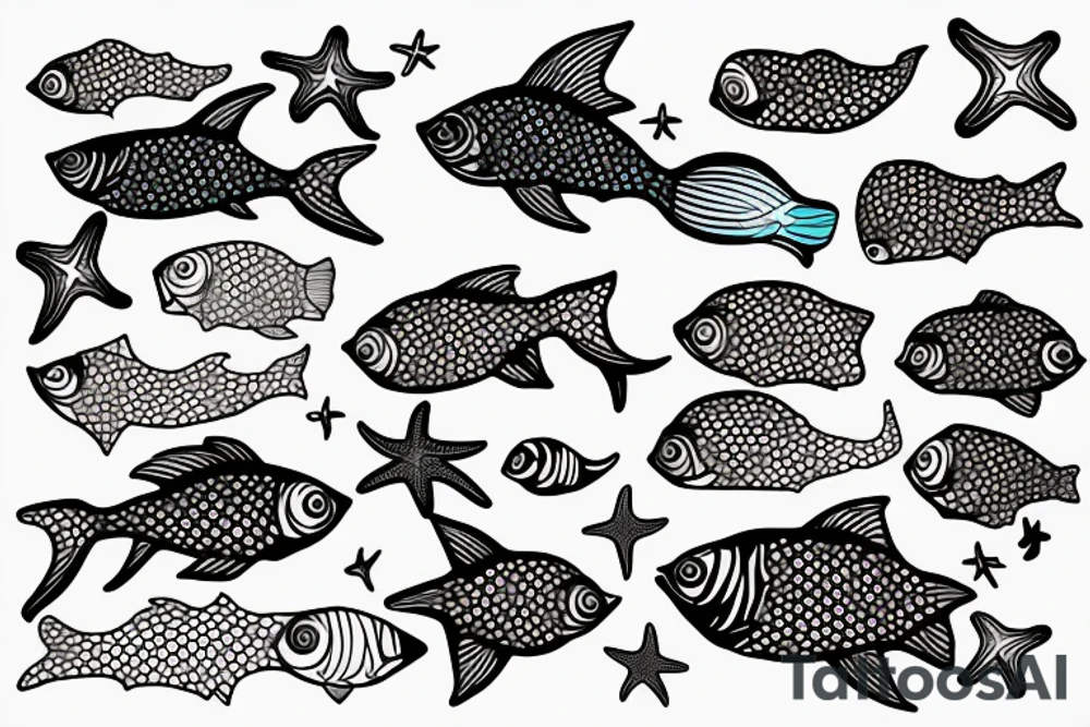 A colored seefish with starfish and corrals what swim in a sea tattoo idea