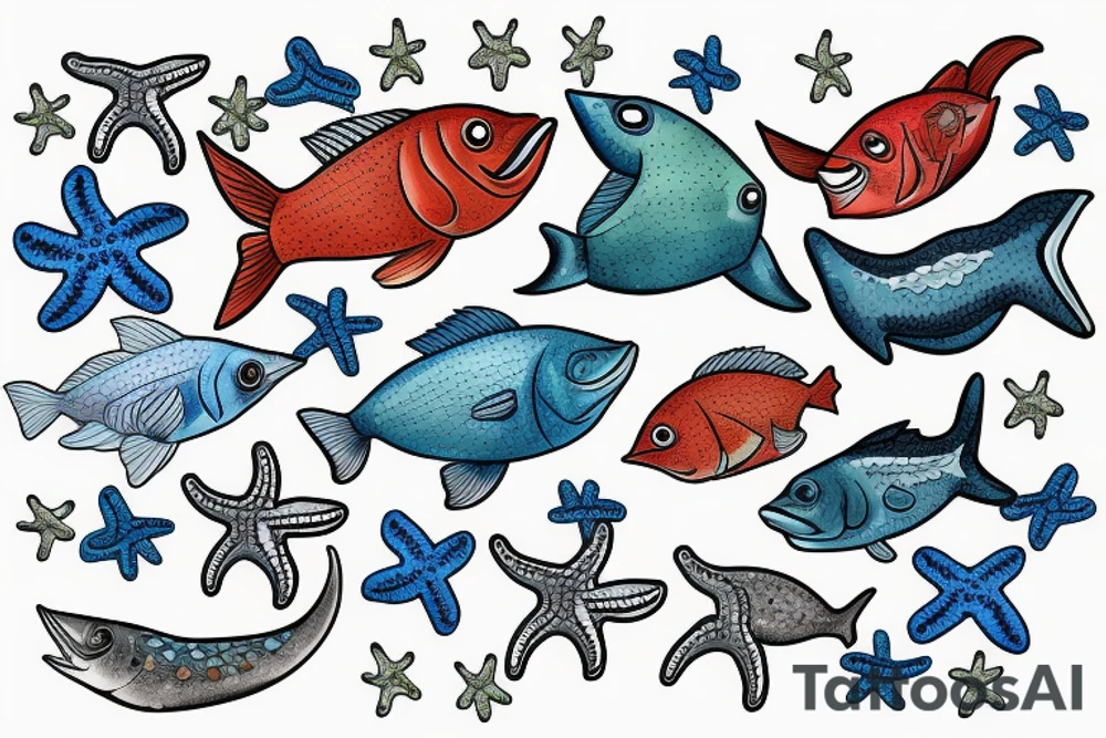 A colored seefish with starfish and corrals what swim in a sea tattoo idea