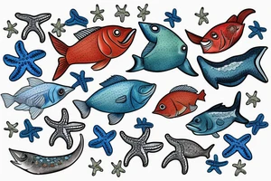 A colored seefish with starfish and corrals what swim in a sea tattoo idea