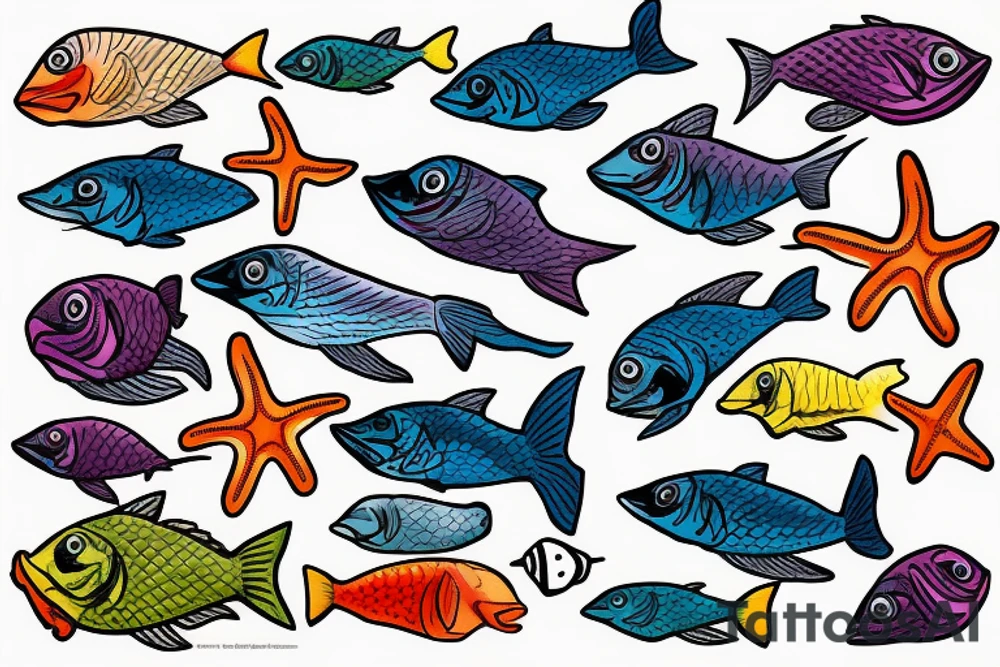 A colored seefish with starfish and corrals what swim in a sea tattoo idea