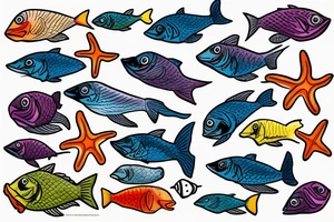 A colored seefish with starfish and corrals what swim in a sea tattoo idea
